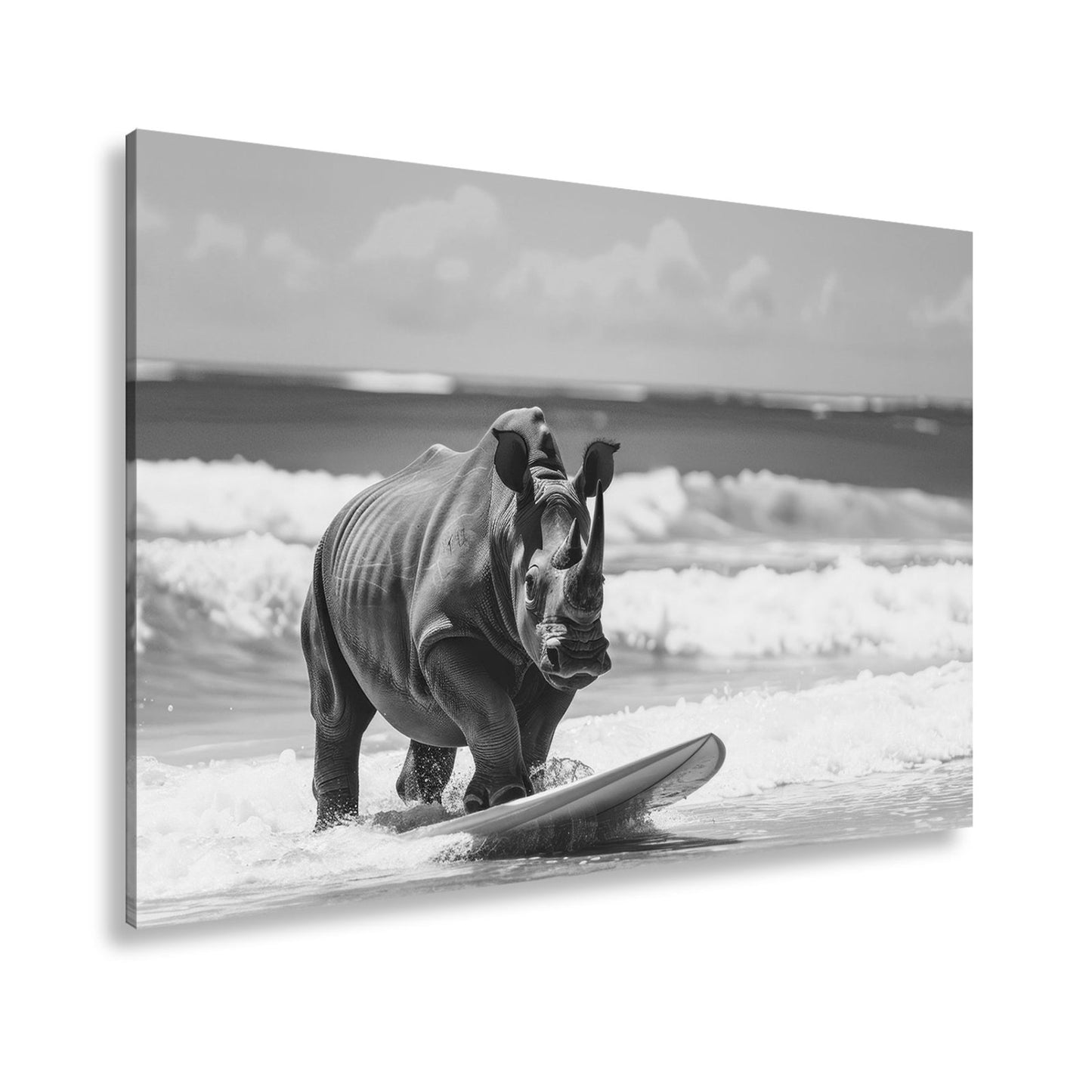 Leinwandbild Nashorn surft kraftvoll – Türkisene Wellen XXL - deyoli