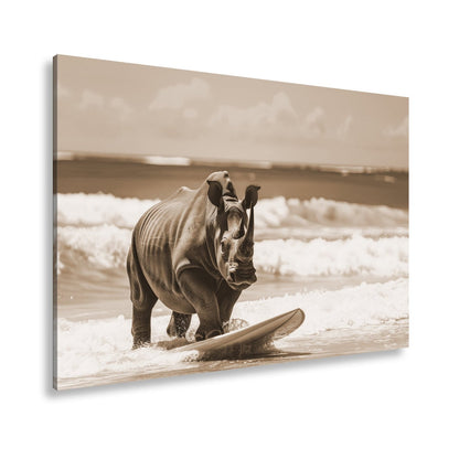 Leinwandbild Nashorn surft kraftvoll – Türkisene Wellen XXL - deyoli
