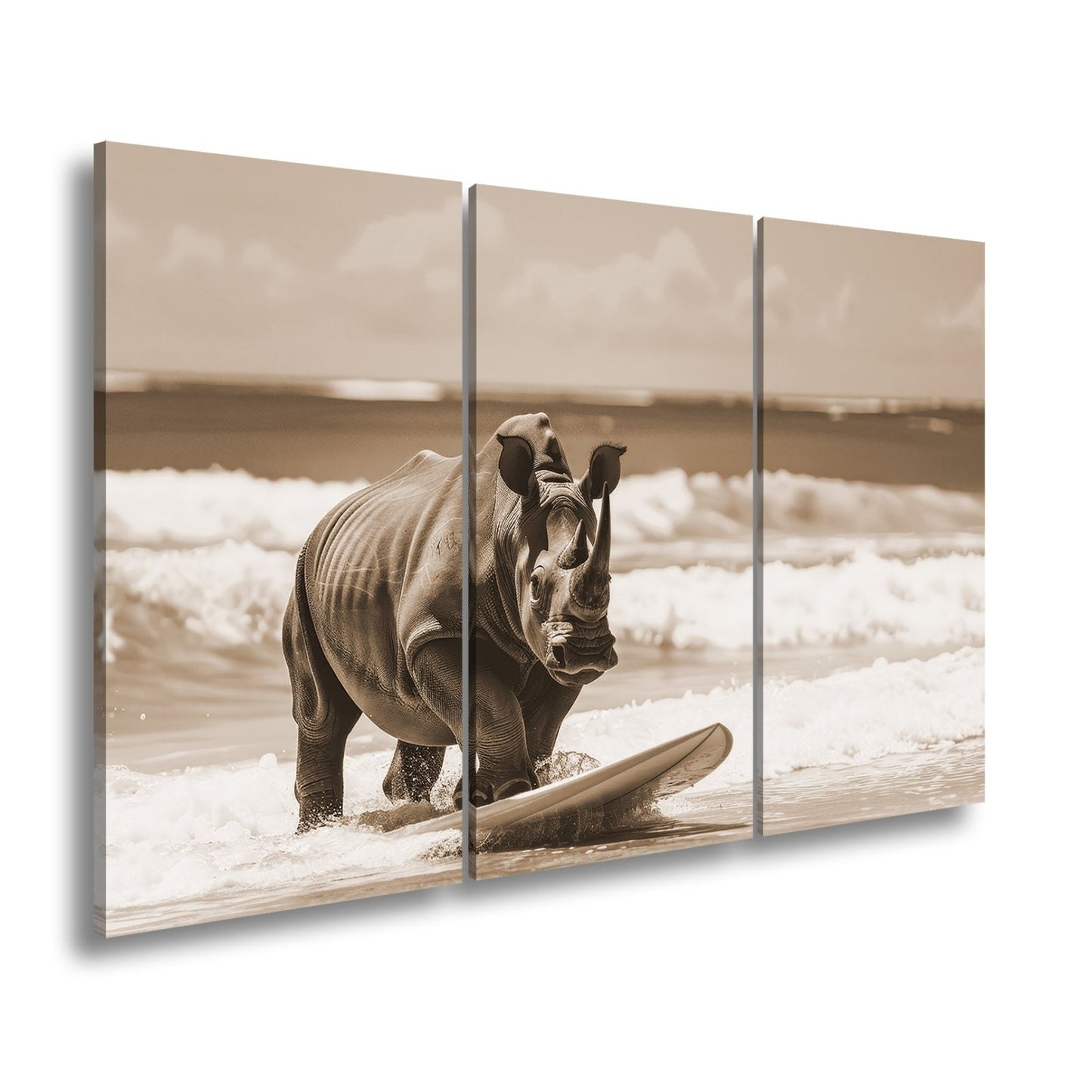 Leinwandbild Nashorn surft kraftvoll – Türkisene Wellen XXL - deyoli