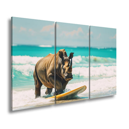 Leinwandbild Nashorn surft kraftvoll – Türkisene Wellen XXL - deyoli