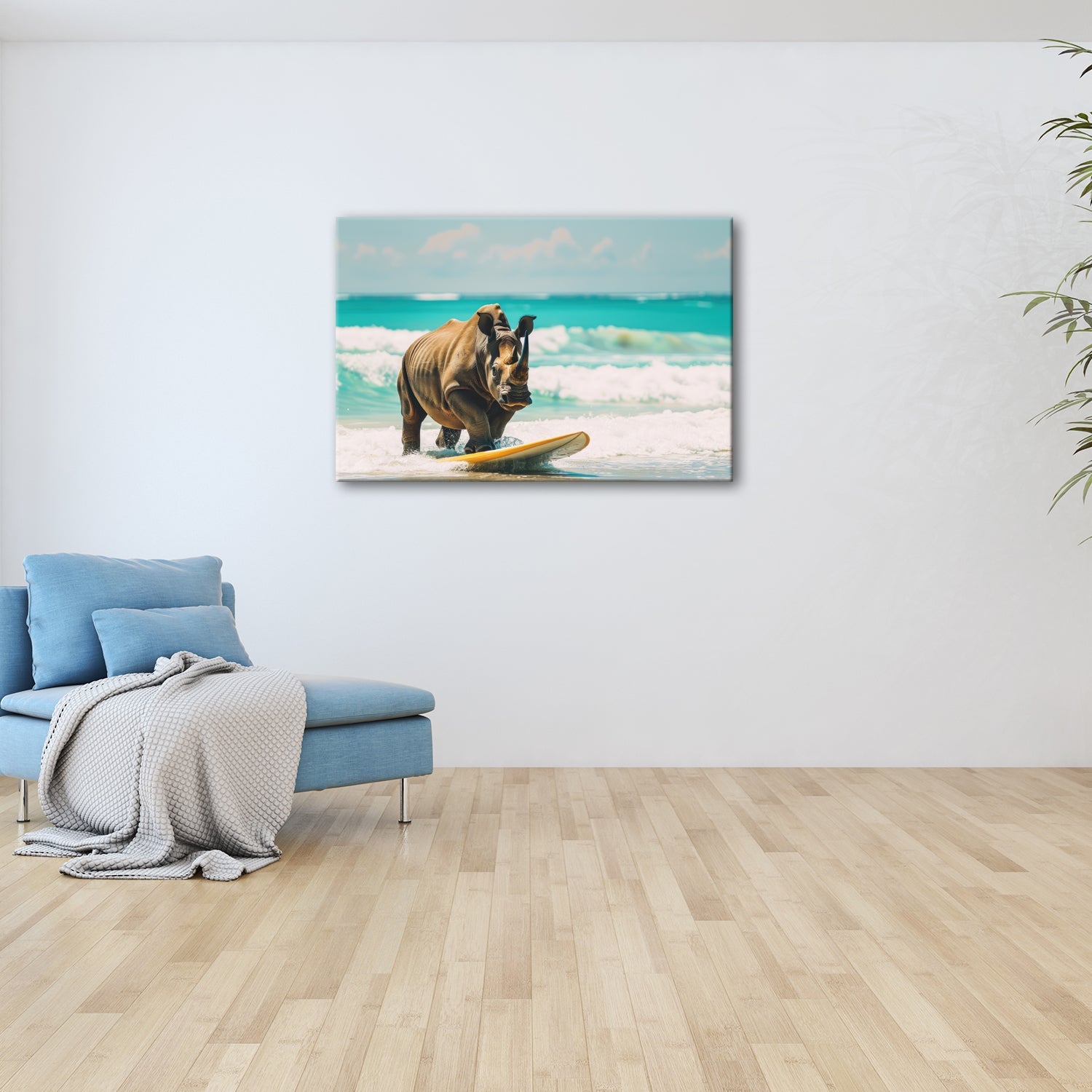 Leinwandbild Nashorn surft kraftvoll – Türkisene Wellen XXL - deyoli