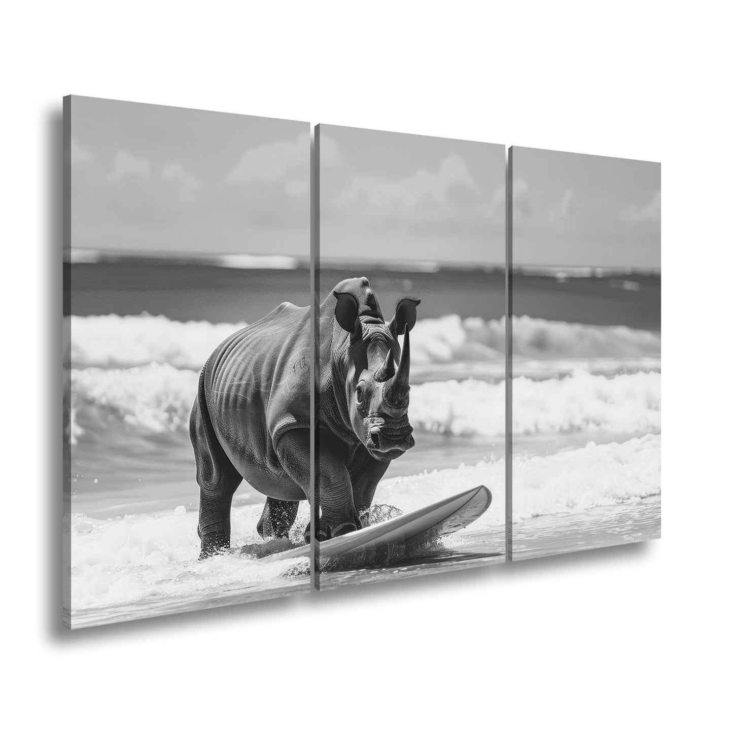 Leinwandbild Nashorn surft kraftvoll – Türkisene Wellen XXL - deyoli