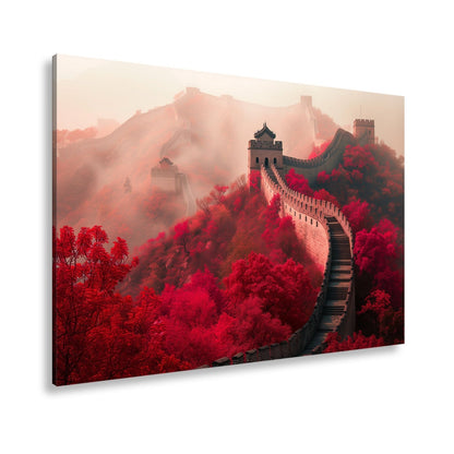 Leinwandbild Nebel küsst die Große Mauer in rotem Herbstgewand. - deyoli