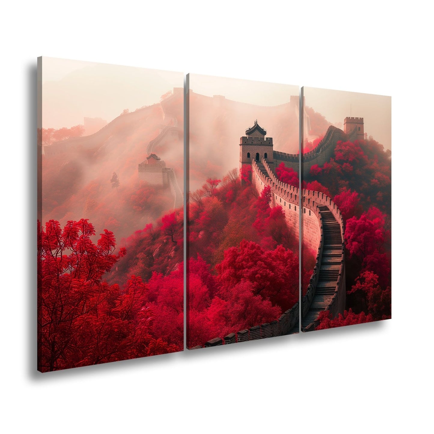Leinwandbild Nebel küsst die Große Mauer in rotem Herbstgewand. - deyoli