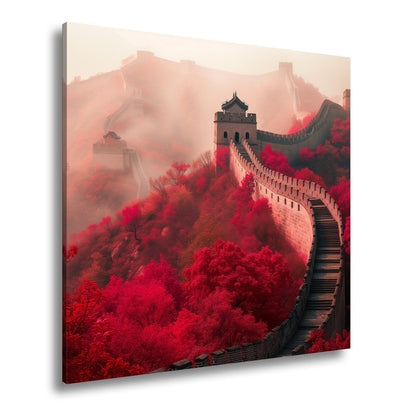 Leinwandbild Nebel küsst die Große Mauer in rotem Herbstgewand. - deyoli