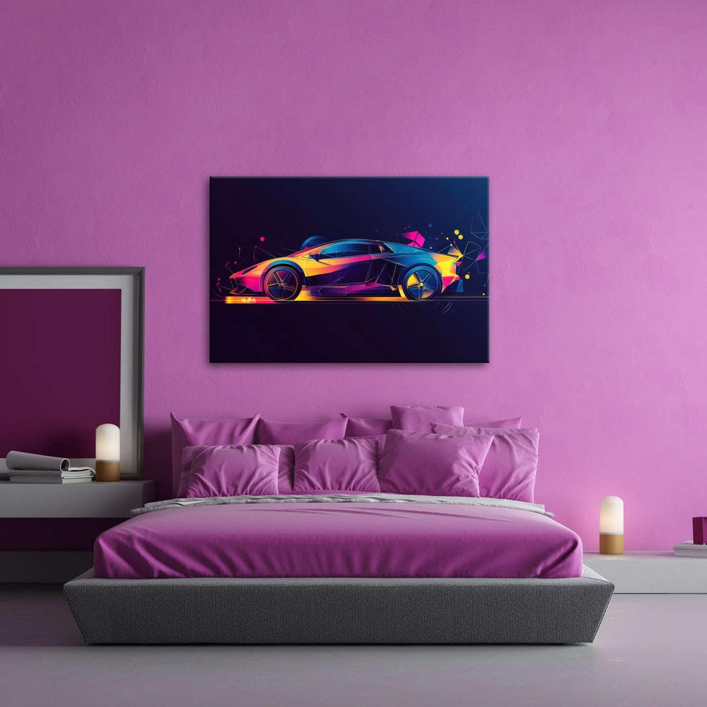 Leinwandbild Neonfarbenes Traumauto in futuristischem Glanz - deyoli