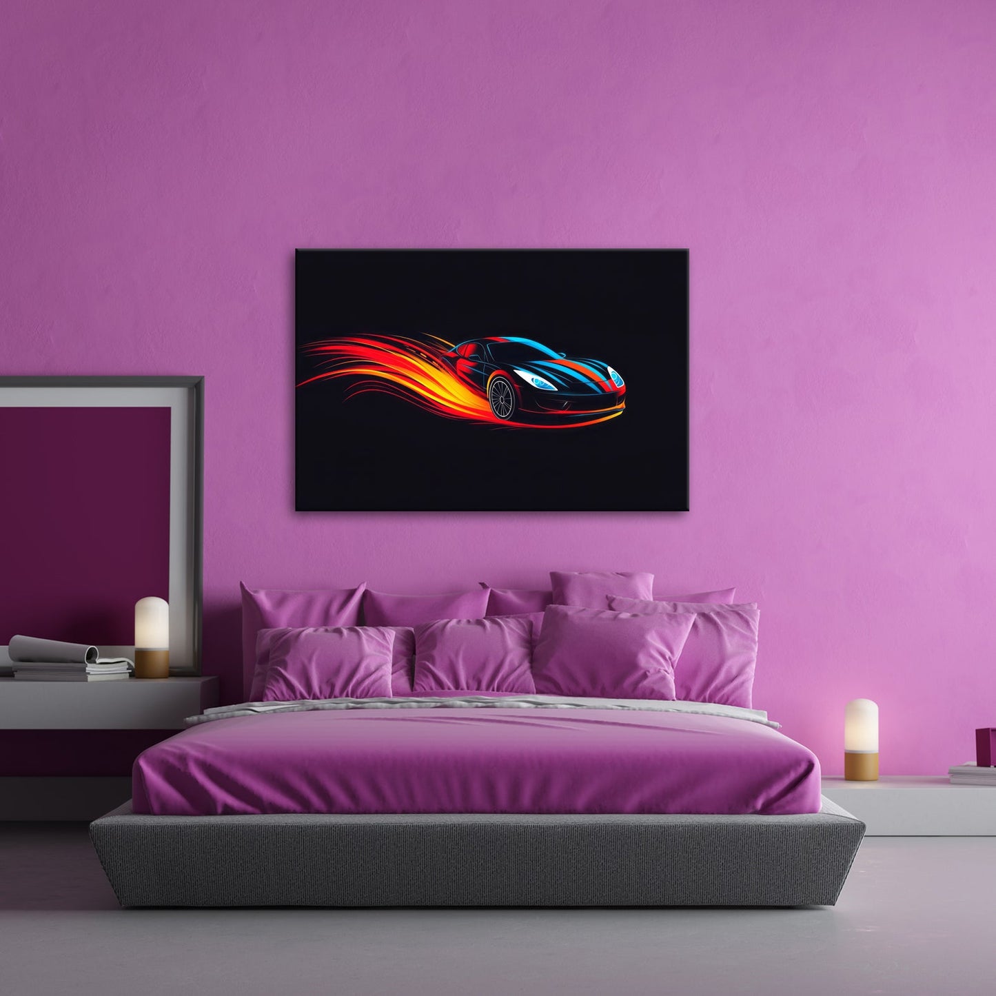 Leinwandbild Neonflammen tragen einen futuristischen Sportwagen - deyoli
