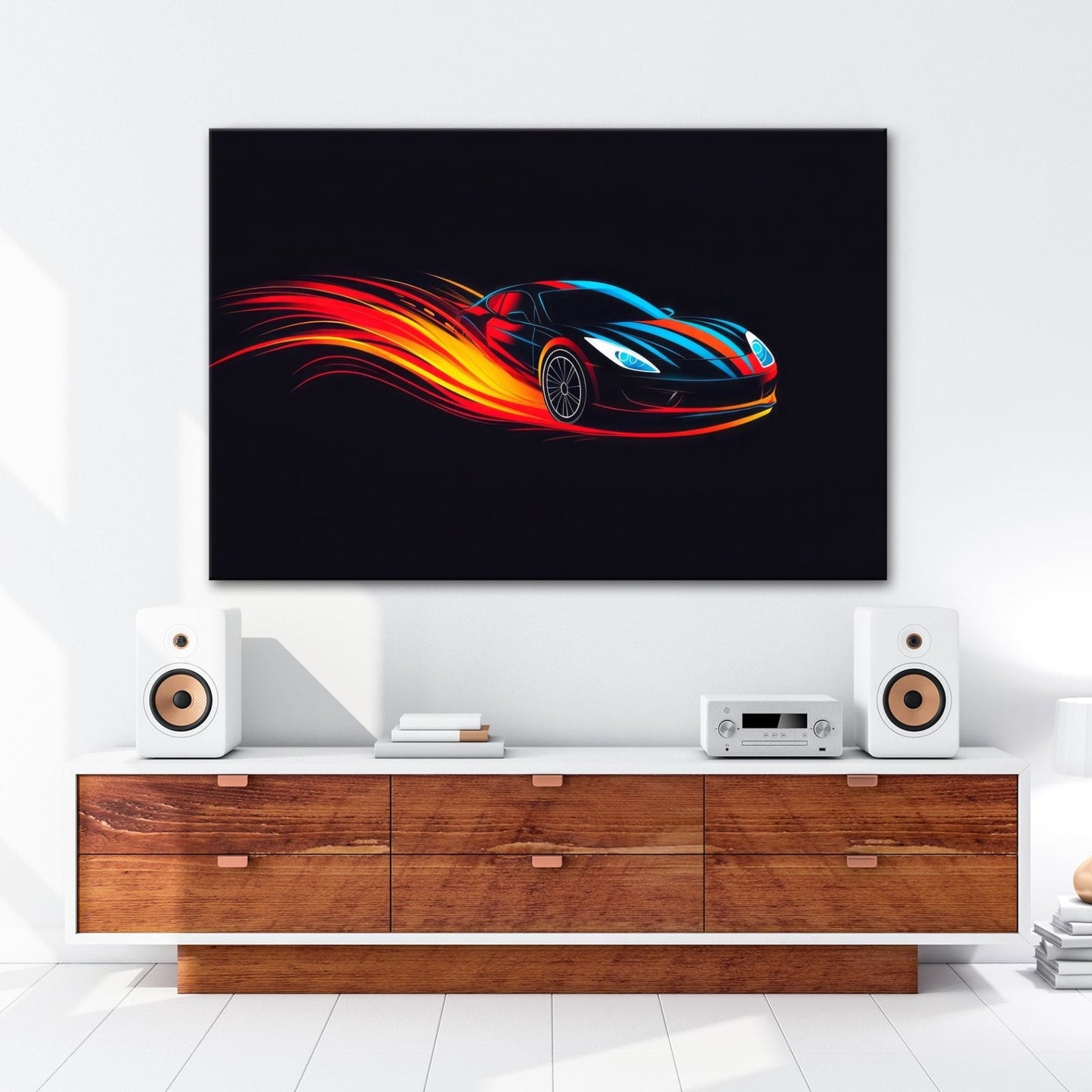 Leinwandbild Neonflammen tragen einen futuristischen Sportwagen - deyoli