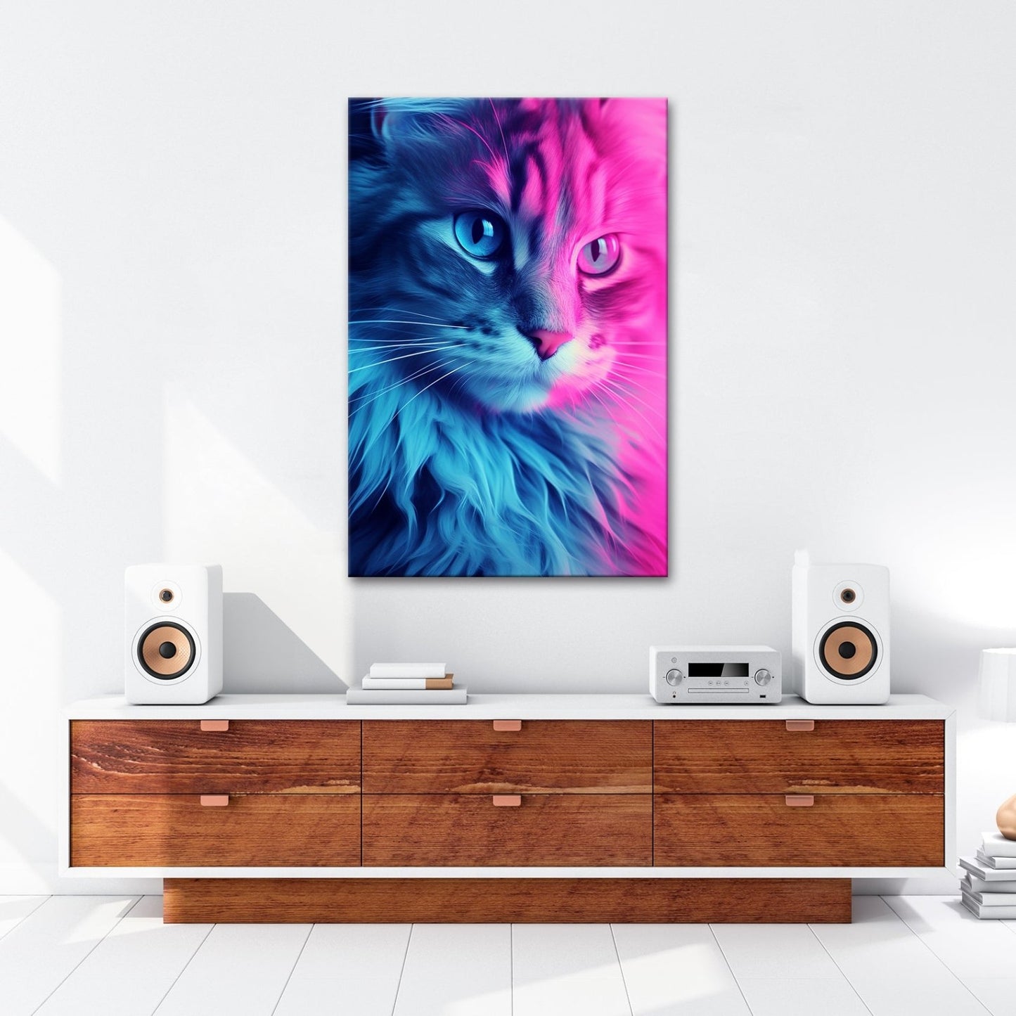 Leinwandbild Neonkatze in magischem Licht zwischen Blau und Pink - deyoli
