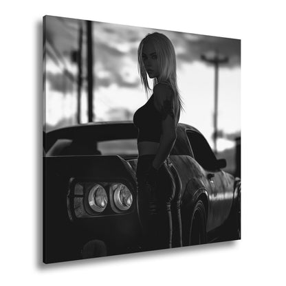 Leinwandbild Neonlicht umhüllt eine geheimnisvolle Frau vor ihrem Muscle Car - deyoli