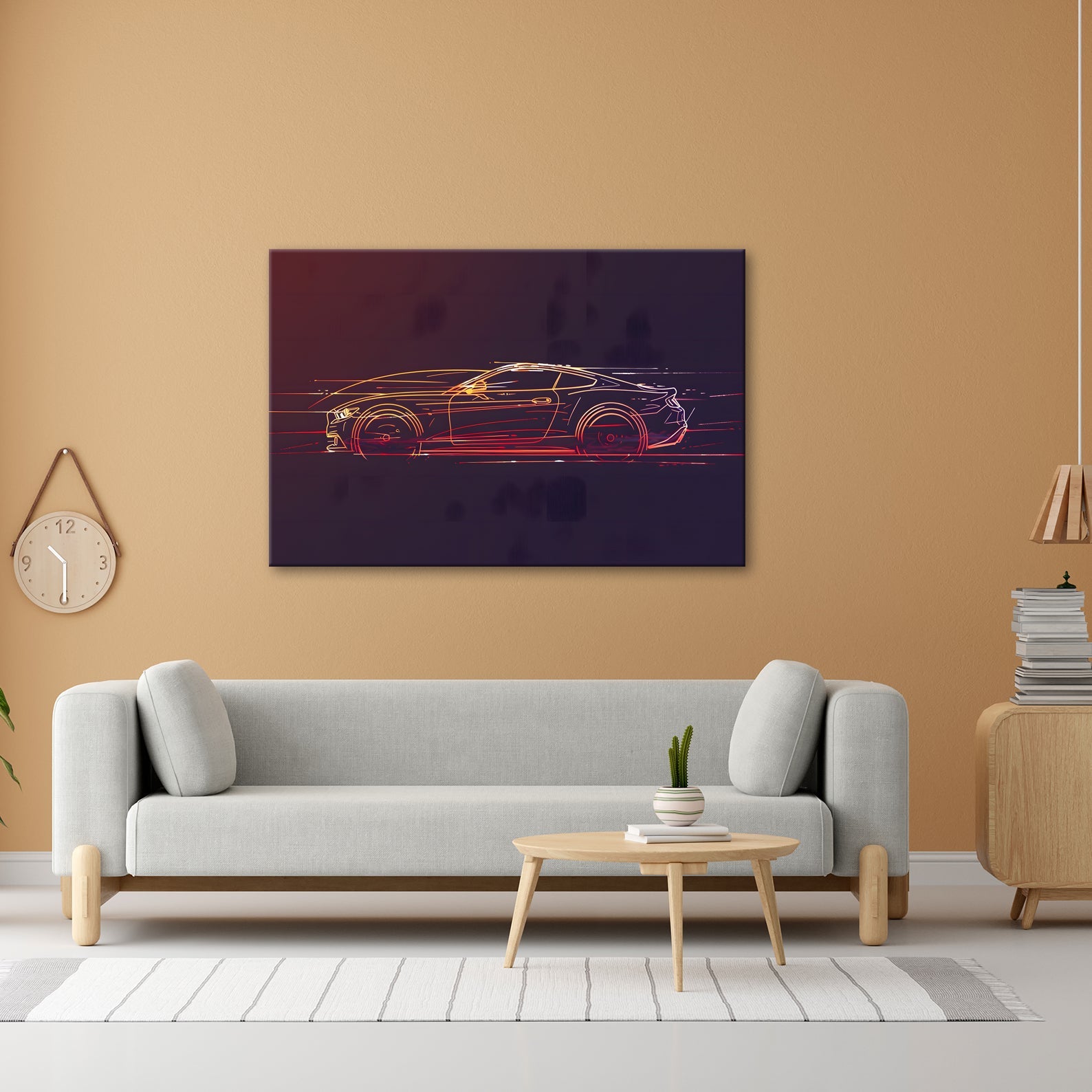 Leinwandbild Neonlinien formen ein rasendes Coupe purem Licht und Geschwindigkeit - deyoli