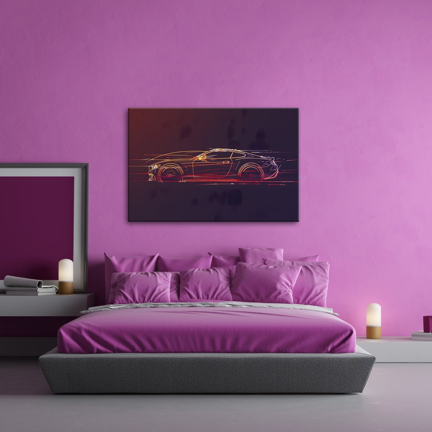 Leinwandbild Neonlinien formen ein rasendes Coupe purem Licht und Geschwindigkeit - deyoli