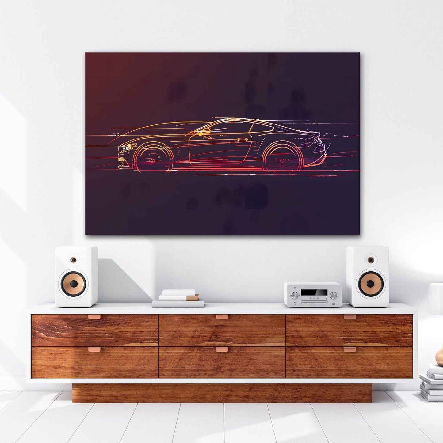 Leinwandbild Neonlinien formen ein rasendes Coupe purem Licht und Geschwindigkeit - deyoli