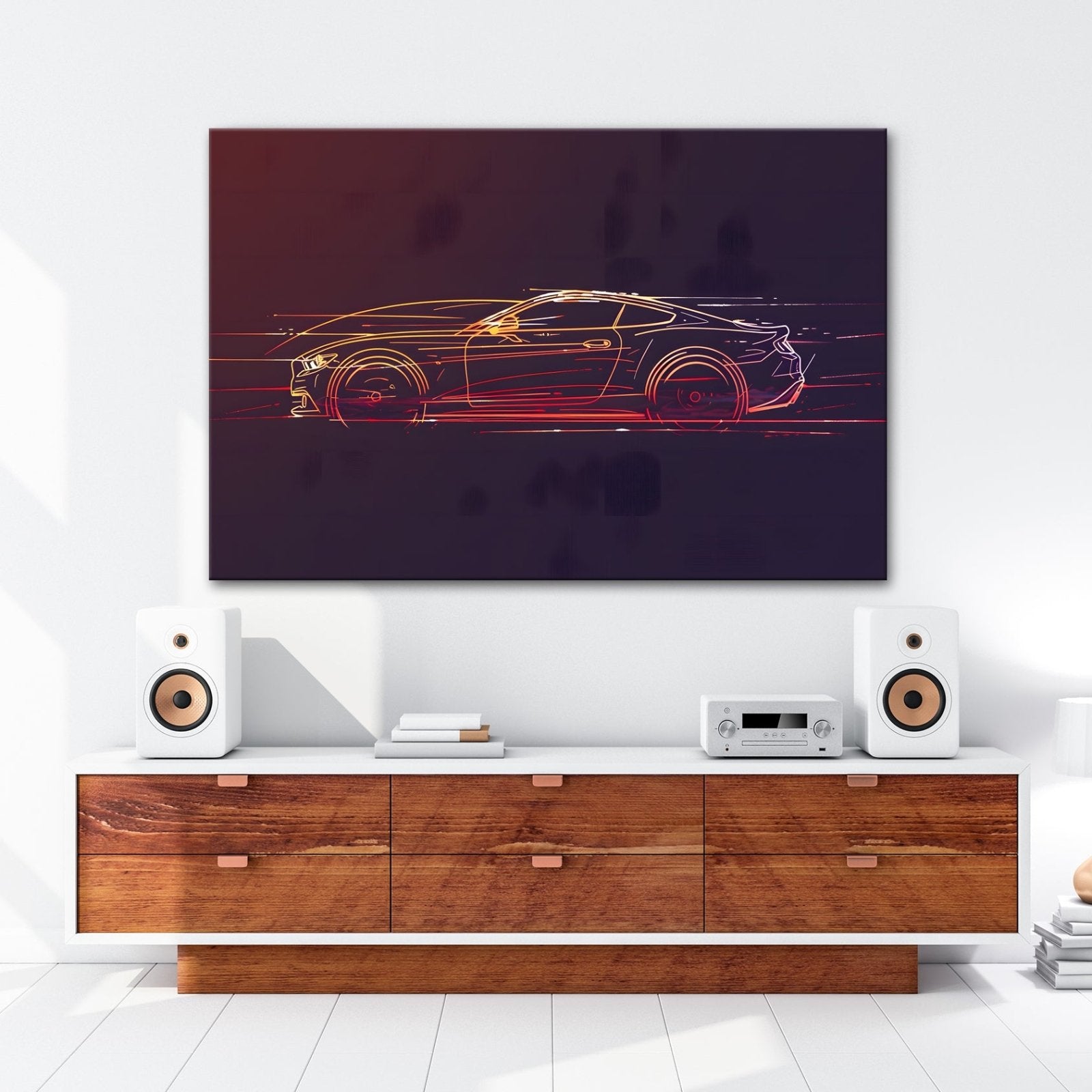 Leinwandbild Neonlinien formen ein rasendes Coupe purem Licht und Geschwindigkeit - deyoli