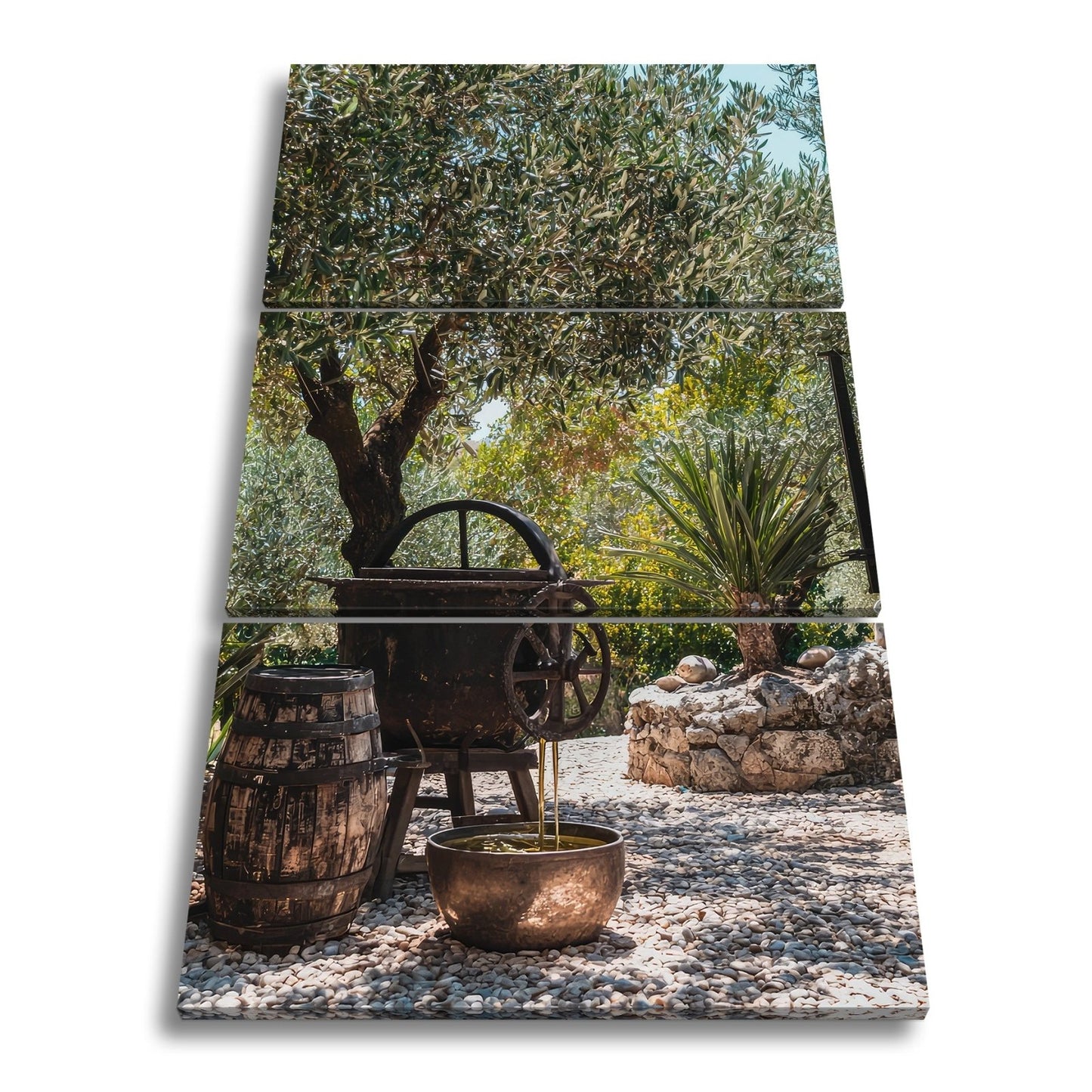 Leinwandbild Olivenhain XXL – Mediterran mit rustikaler Ölpressromantik - deyoli