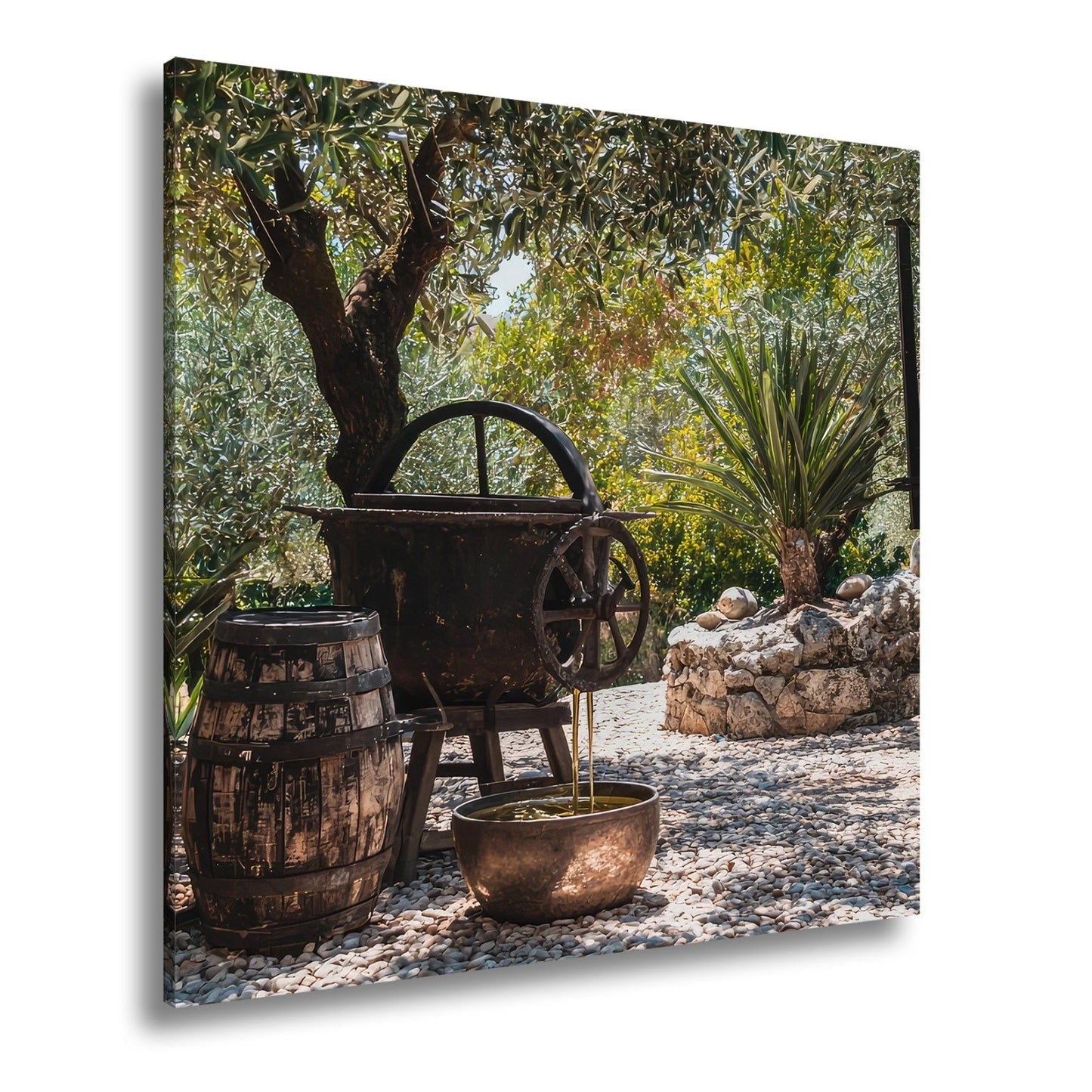 Leinwandbild Olivenhain XXL – Mediterran mit rustikaler Ölpressromantik - deyoli