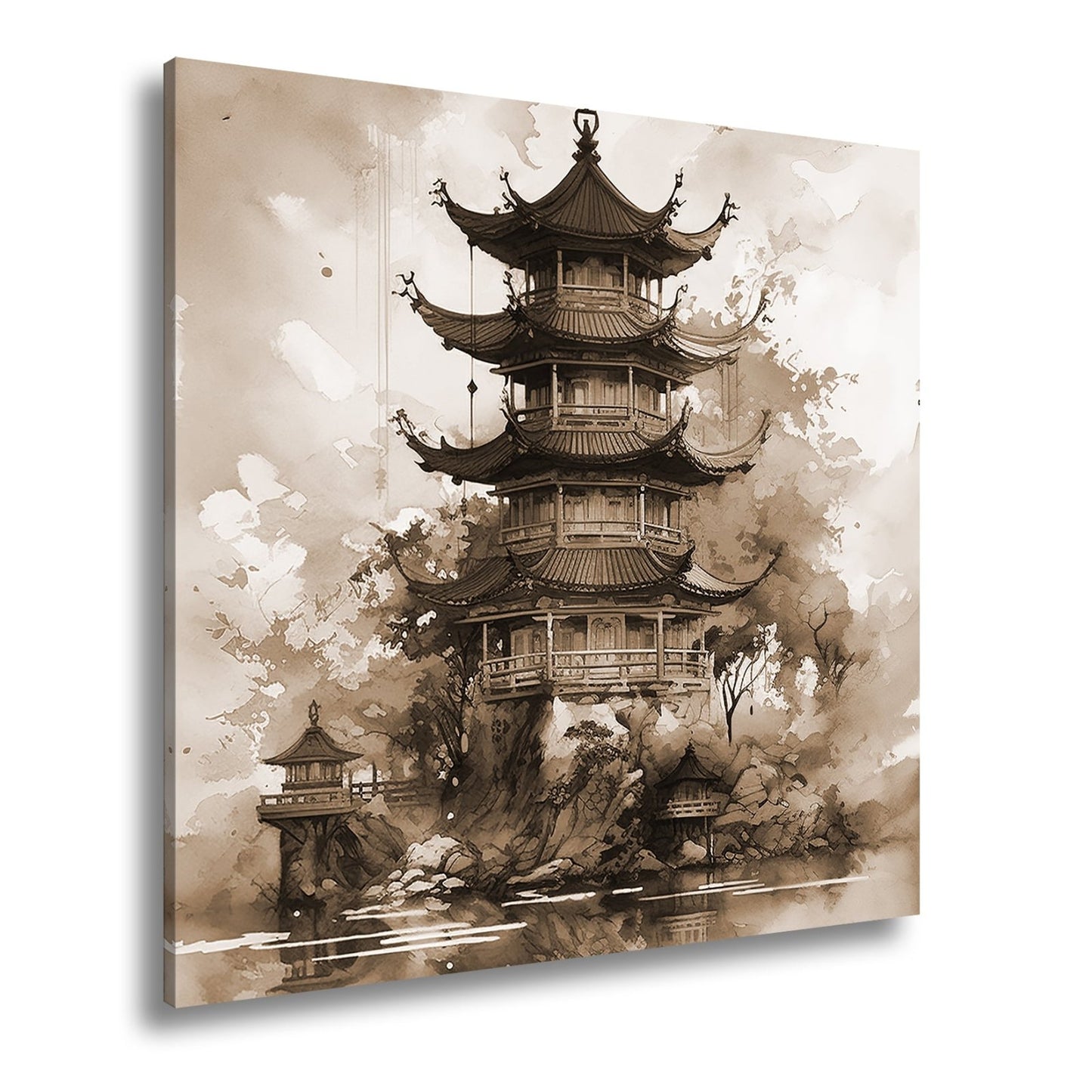 Leinwandbild Pagode am Wasser – Harmonie in Farben und Form. - deyoli