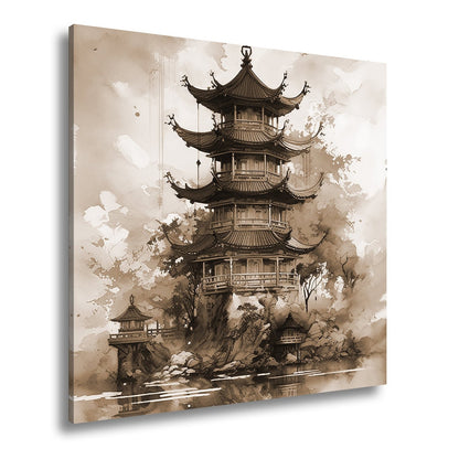Leinwandbild Pagode am Wasser – Harmonie in Farben und Form. - deyoli