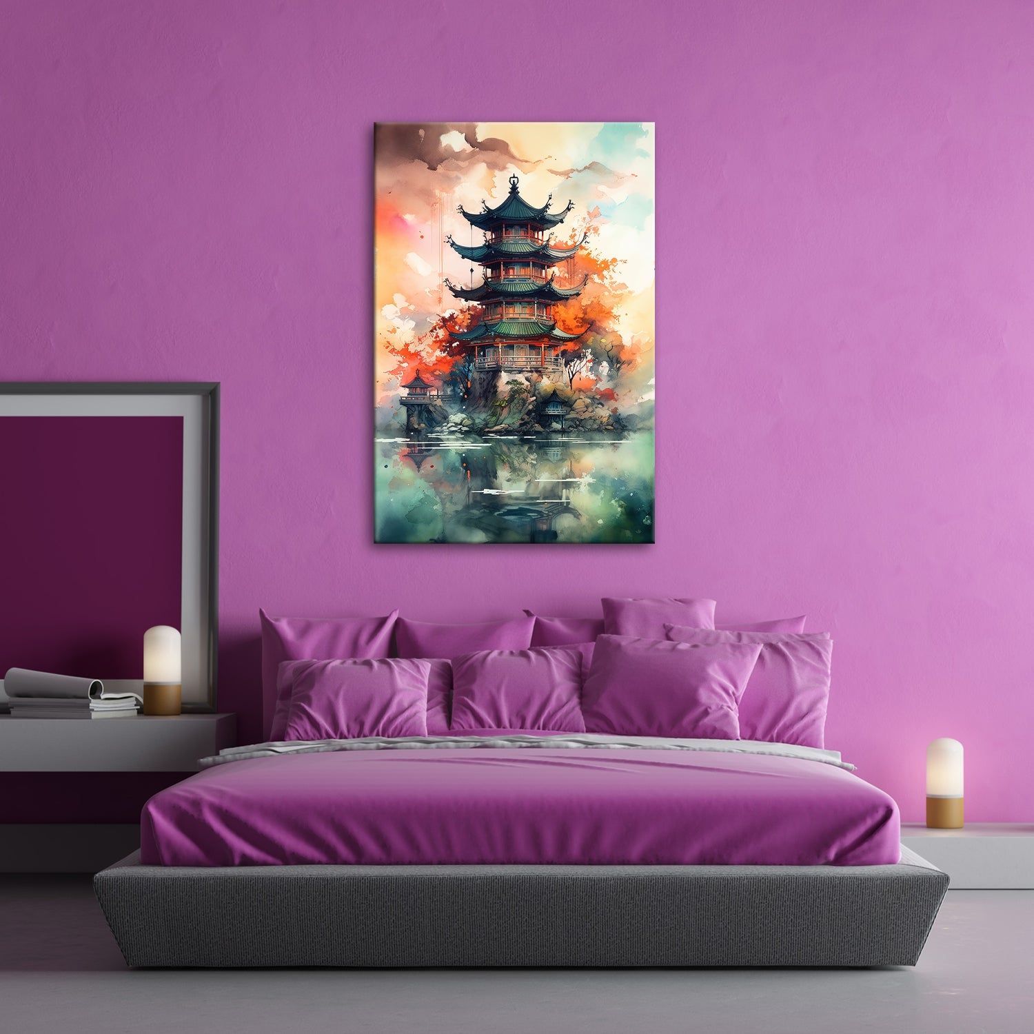 Leinwandbild Pagode am Wasser – Harmonie in Farben und Form. - deyoli