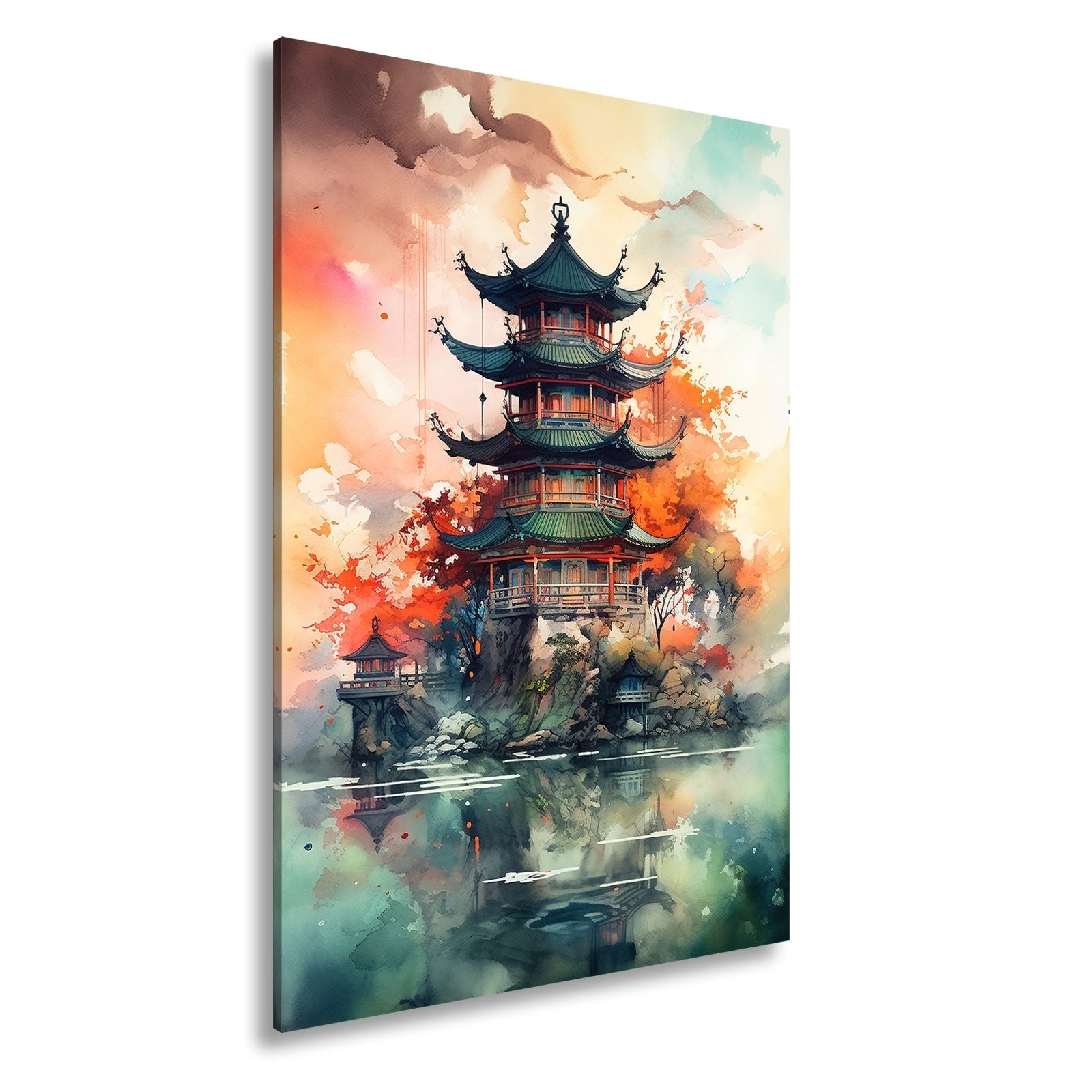 Leinwandbild Pagode am Wasser – Harmonie in Farben und Form. - deyoli