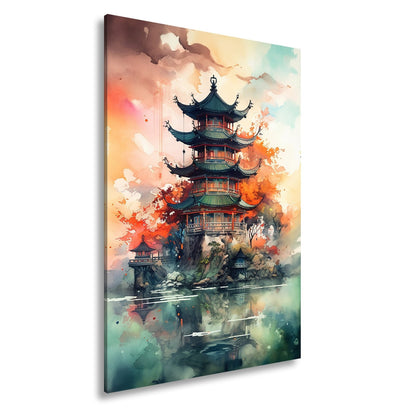 Leinwandbild Pagode am Wasser – Harmonie in Farben und Form. - deyoli