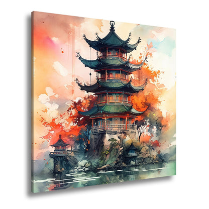 Leinwandbild Pagode am Wasser – Harmonie in Farben und Form. - deyoli