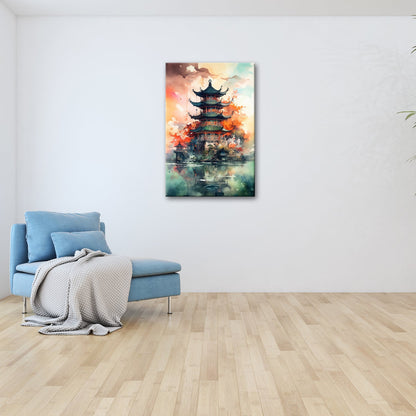 Leinwandbild Pagode am Wasser – Harmonie in Farben und Form. - deyoli