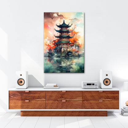 Leinwandbild Pagode am Wasser – Harmonie in Farben und Form. - deyoli