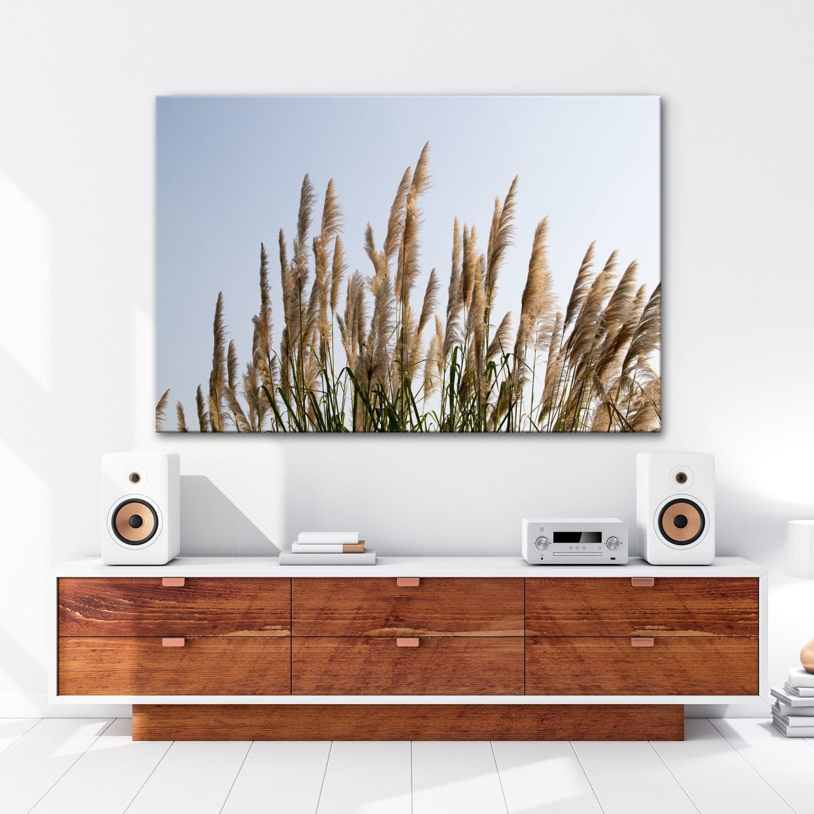 Leinwandbild Pampasgras XXL – Goldener Morgenhimmel Naturmotiv für Wohnzimmer - deyoli