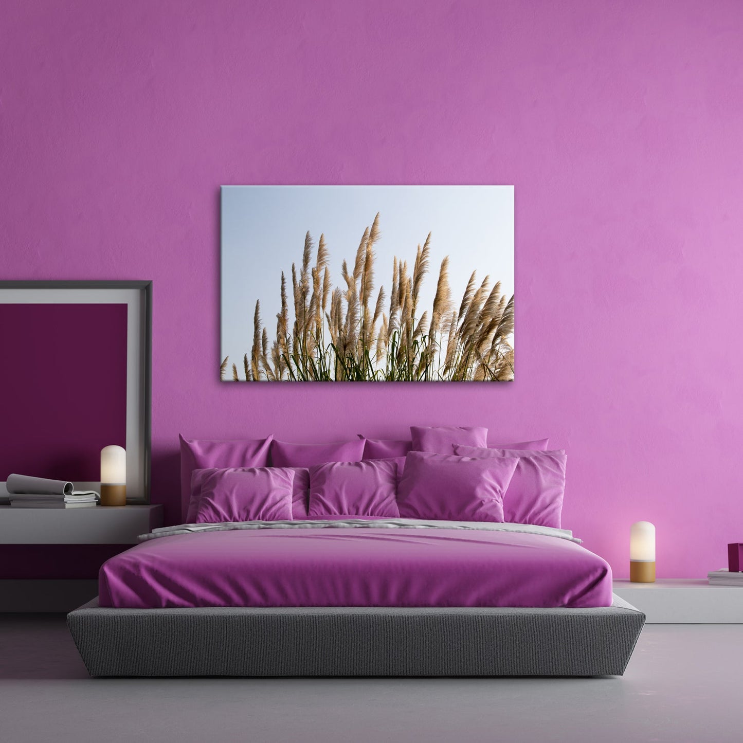 Leinwandbild Pampasgras XXL – Goldener Morgenhimmel Naturmotiv für Wohnzimmer - deyoli