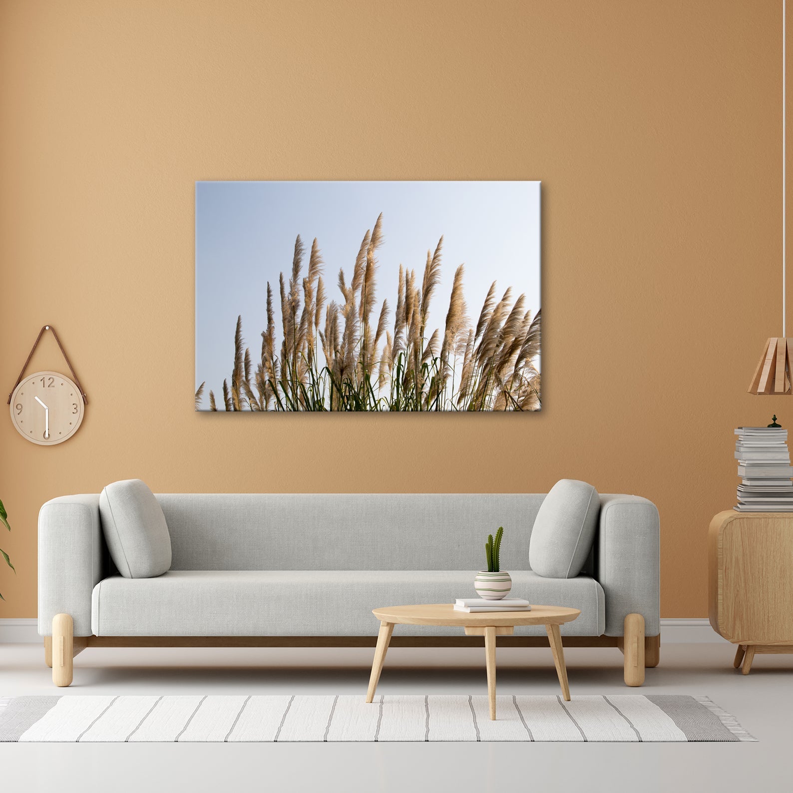 Leinwandbild Pampasgras XXL – Goldener Morgenhimmel Naturmotiv für Wohnzimmer - deyoli