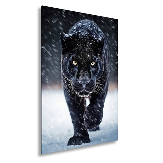 Leinwandbild Panther im Schnee – Eleganz jagt durch winterliche Stille. - deyoli