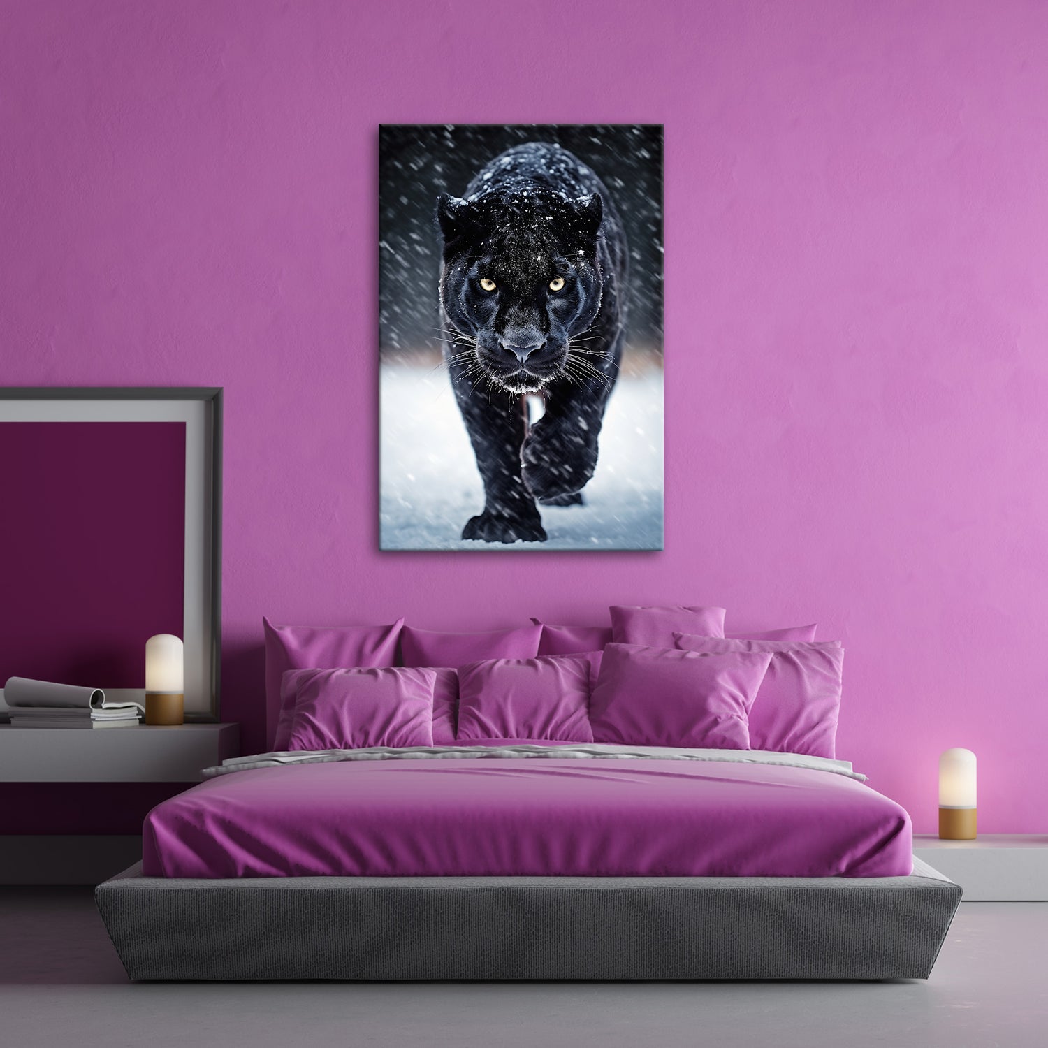 Leinwandbild Panther im Schnee – Eleganz jagt durch winterliche Stille. - deyoli