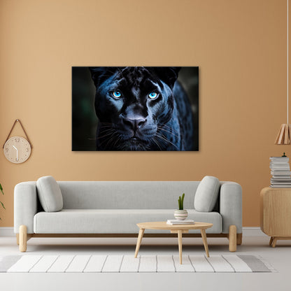Leinwandbild Pantherblick – eisblaue Augen durchdringen die Dunkelheit. - deyoli