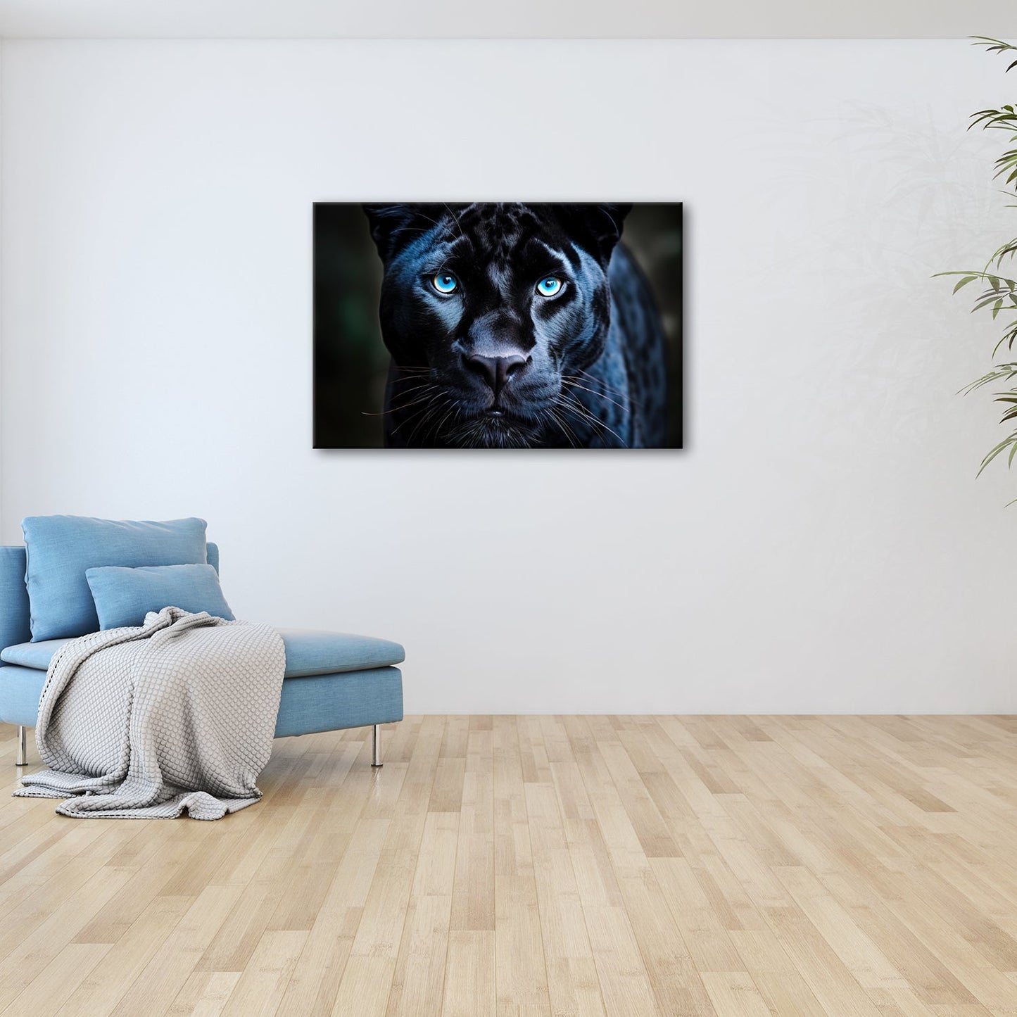 Leinwandbild Pantherblick – eisblaue Augen durchdringen die Dunkelheit. - deyoli
