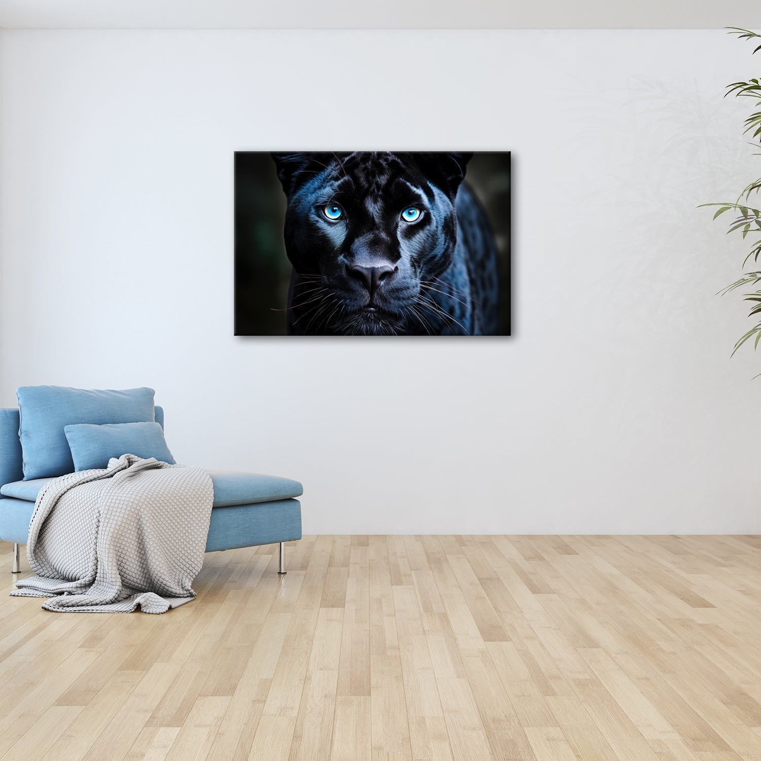 Leinwandbild Pantherblick – eisblaue Augen durchdringen die Dunkelheit. - deyoli