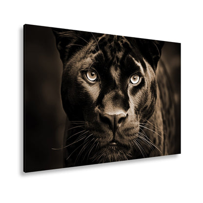 Leinwandbild Pantherblick – eisblaue Augen durchdringen die Dunkelheit. - deyoli