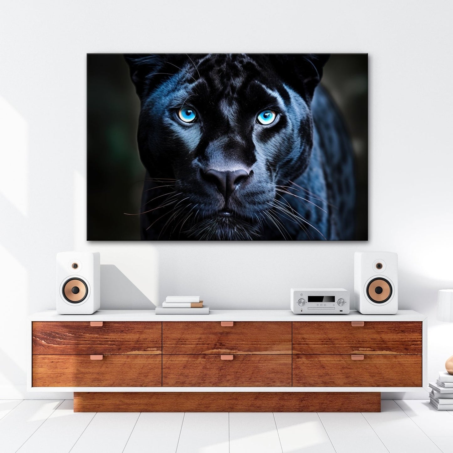 Leinwandbild Pantherblick – eisblaue Augen durchdringen die Dunkelheit. - deyoli