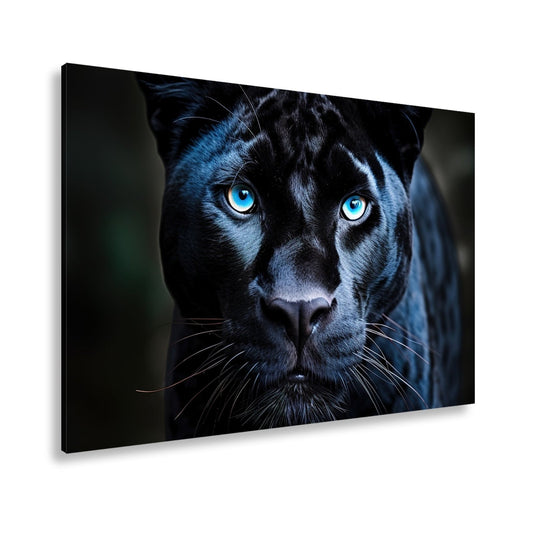 Leinwandbild Pantherblick – eisblaue Augen durchdringen die Dunkelheit. - deyoli