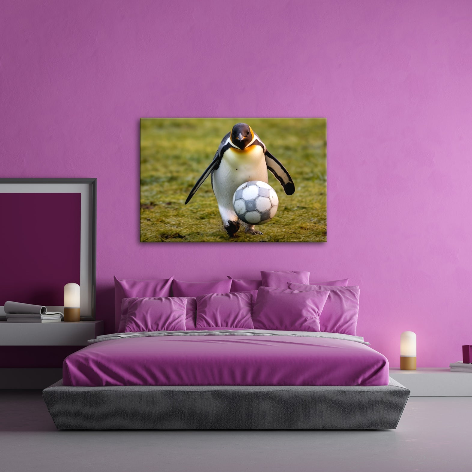 Leinwandbild Pinguin mit Ballgefühl – elegant auf dem Spielfeld. - deyoli