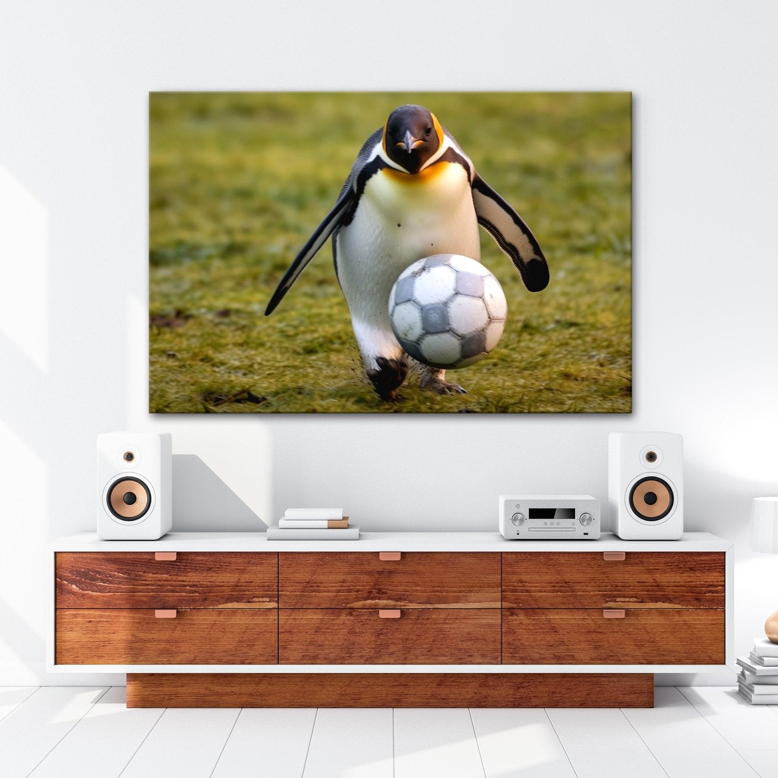 Leinwandbild Pinguin mit Ballgefühl – elegant auf dem Spielfeld. - deyoli