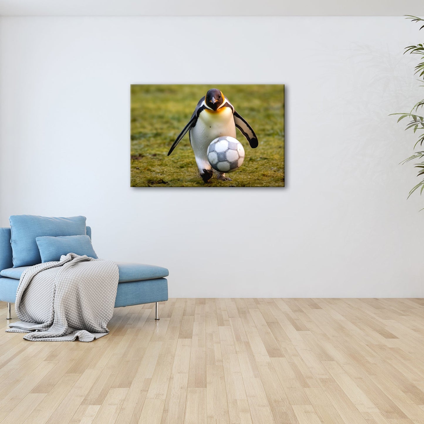 Leinwandbild Pinguin mit Ballgefühl – elegant auf dem Spielfeld. - deyoli