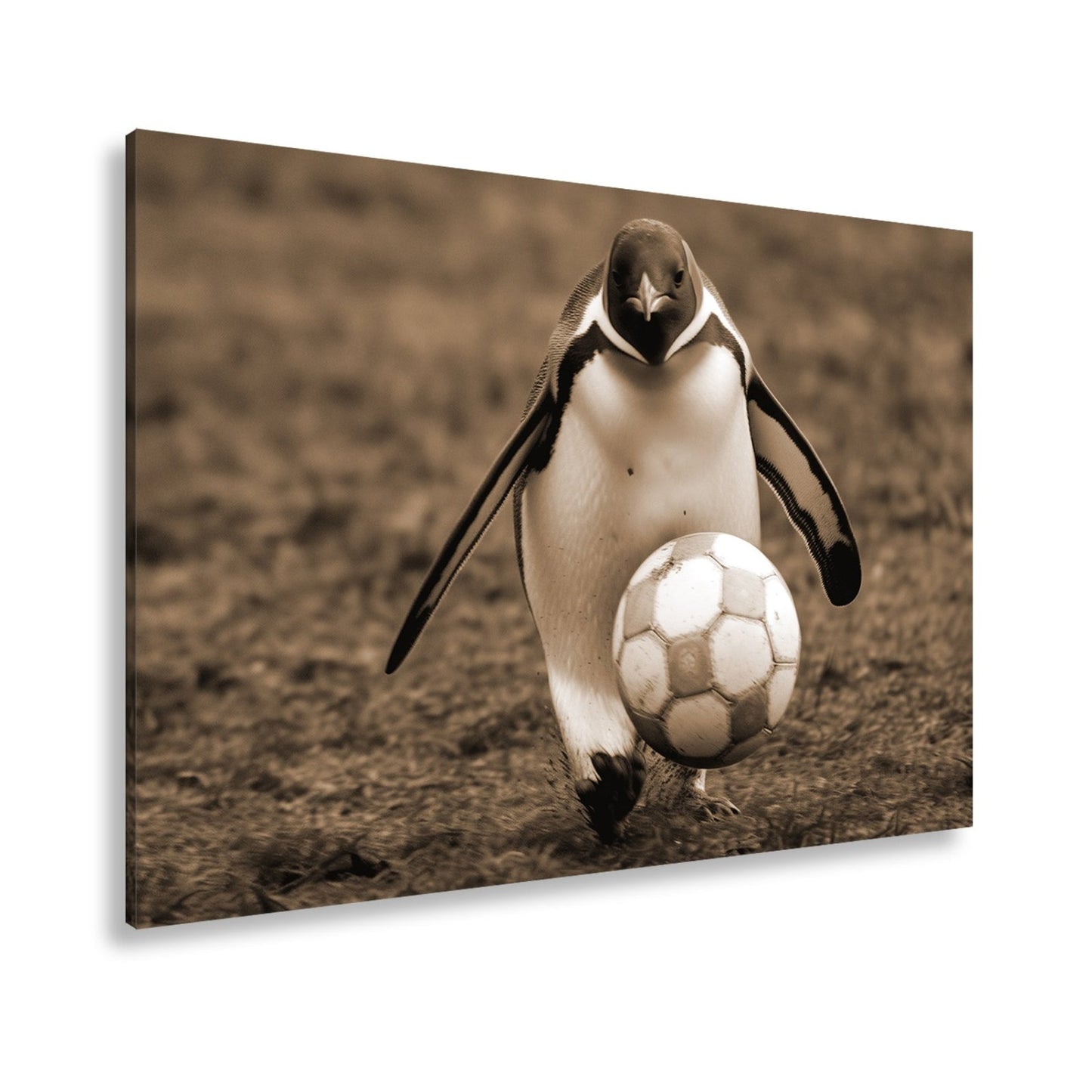 Leinwandbild Pinguin mit Ballgefühl – elegant auf dem Spielfeld. - deyoli