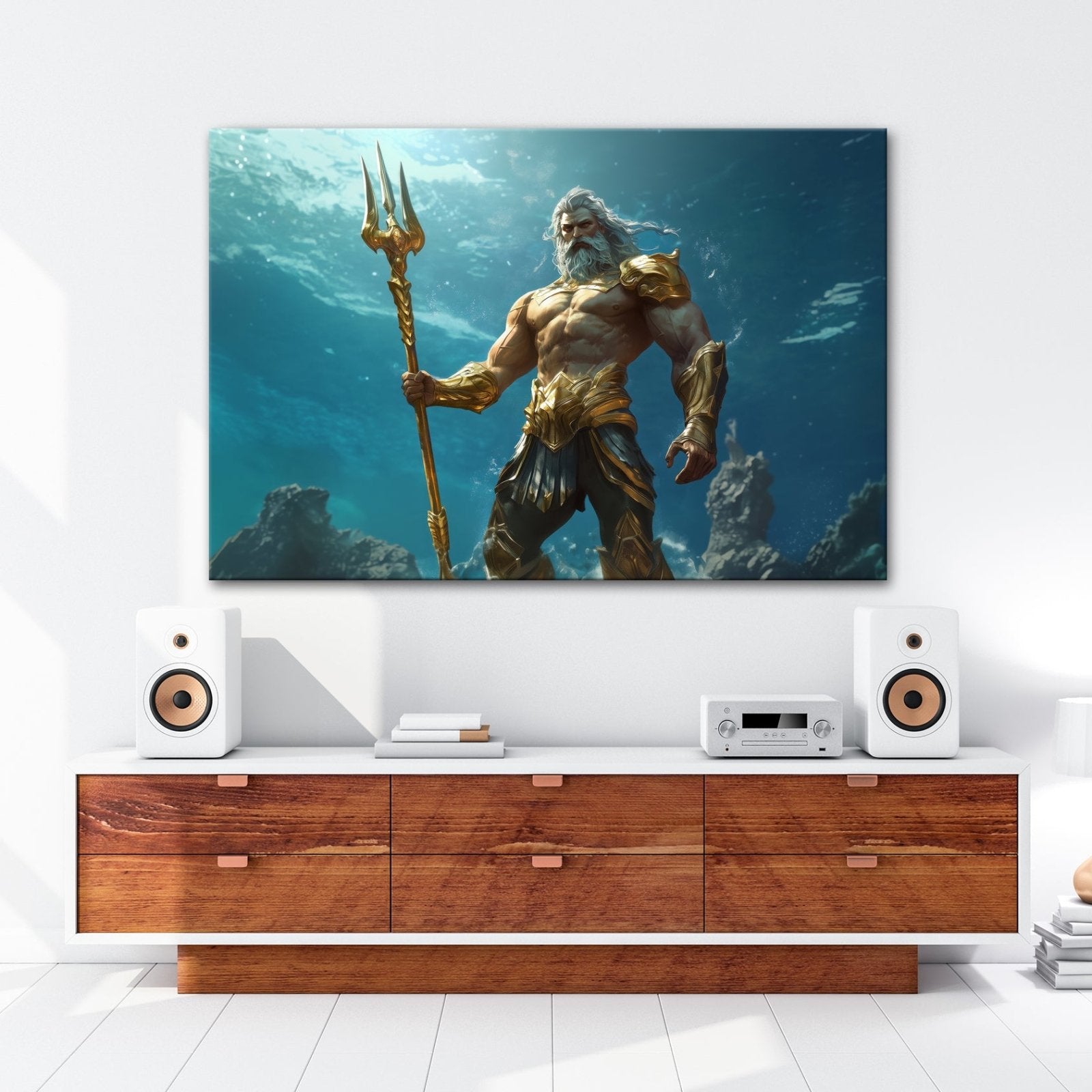 Leinwandbild Poseidon steht – Herr der Tiefe, golden und göttlich. - deyoli