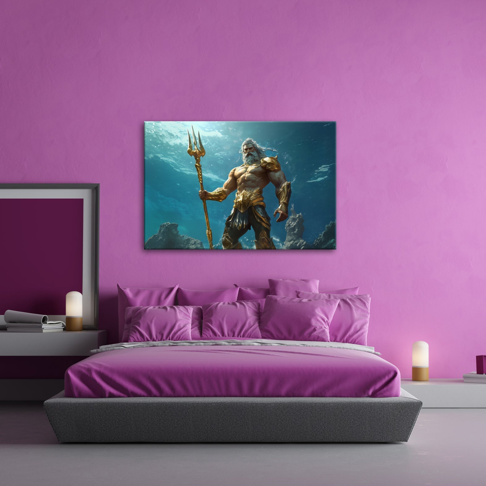 Leinwandbild Poseidon steht – Herr der Tiefe, golden und göttlich. - deyoli