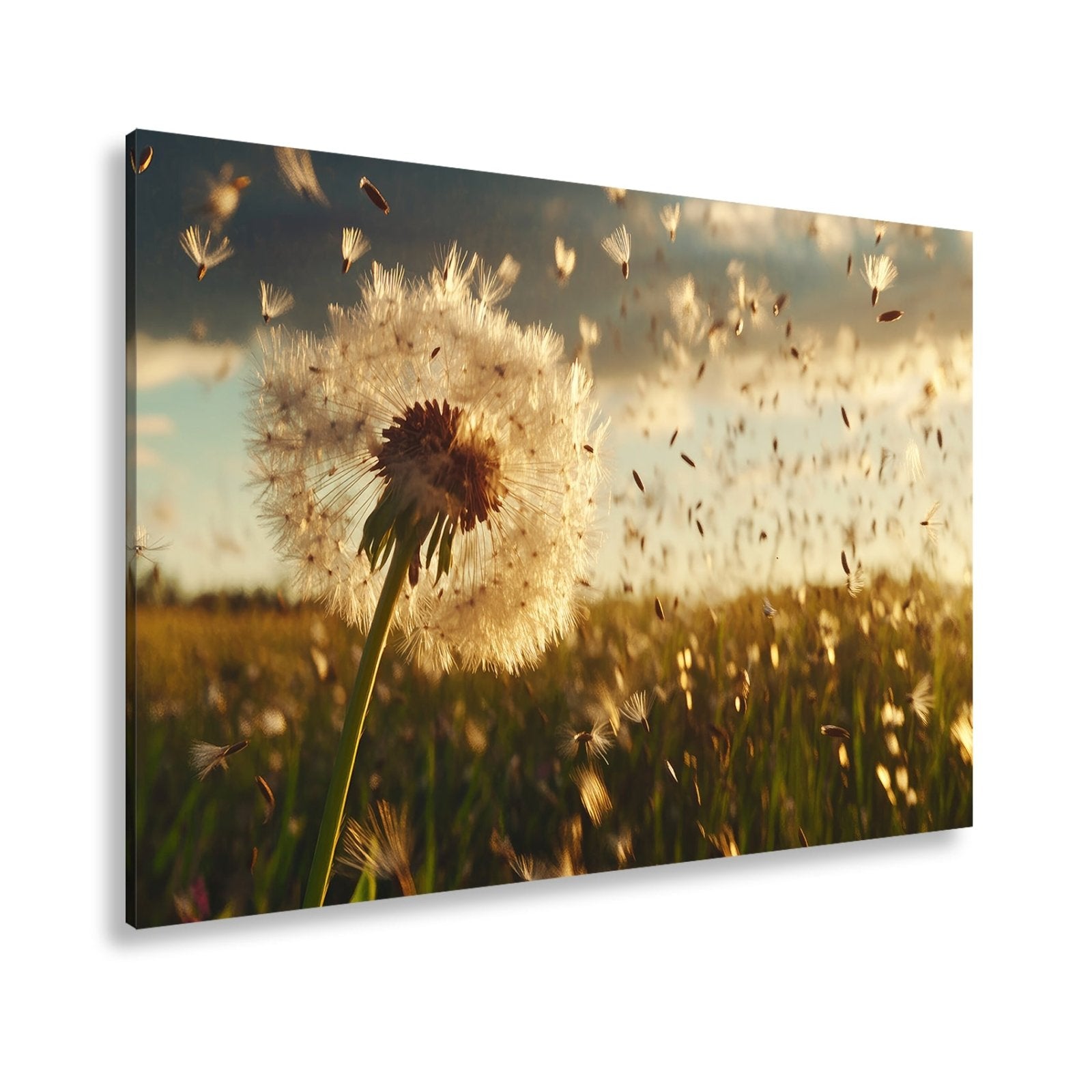 Leinwandbild Pusteblume im Flug – flüchtige Träume im Abendlicht. - deyoli