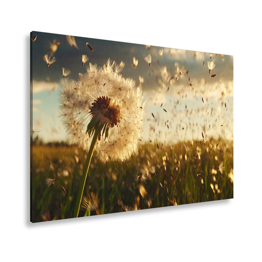 Leinwandbild Pusteblume im Flug – flüchtige Träume im Abendlicht. - deyoli