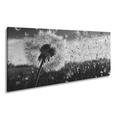 Leinwandbild Pusteblume im Flug – flüchtige Träume im Abendlicht. - deyoli