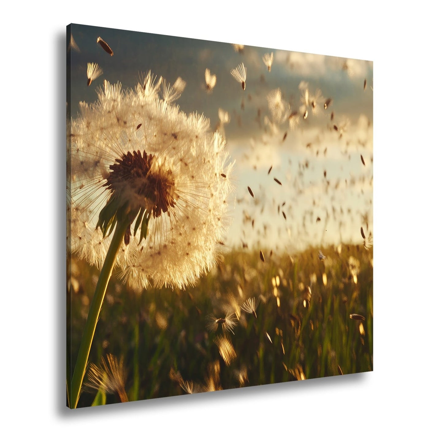 Leinwandbild Pusteblume im Flug – flüchtige Träume im Abendlicht. - deyoli