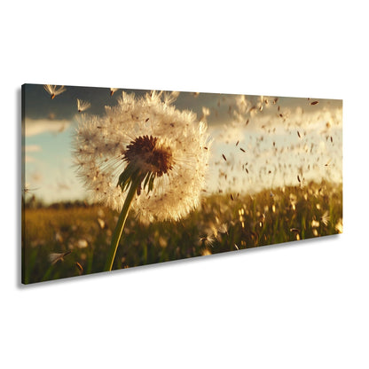 Leinwandbild Pusteblume im Flug – flüchtige Träume im Abendlicht. - deyoli